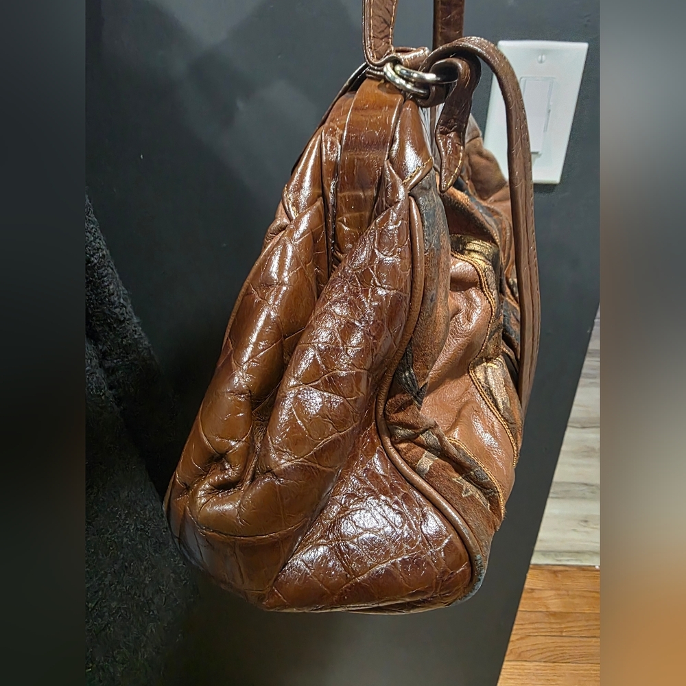 Vtg Brown Patchwork Croc Embossed Shoulder Bag 15… - image 5